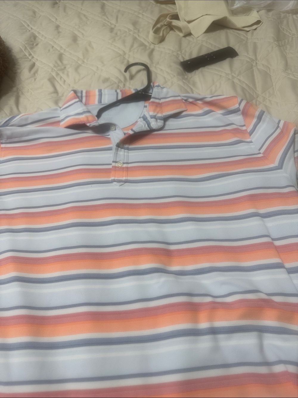 johnnie-O Light Blue Polo with Orange, Coral & Navy Stripes